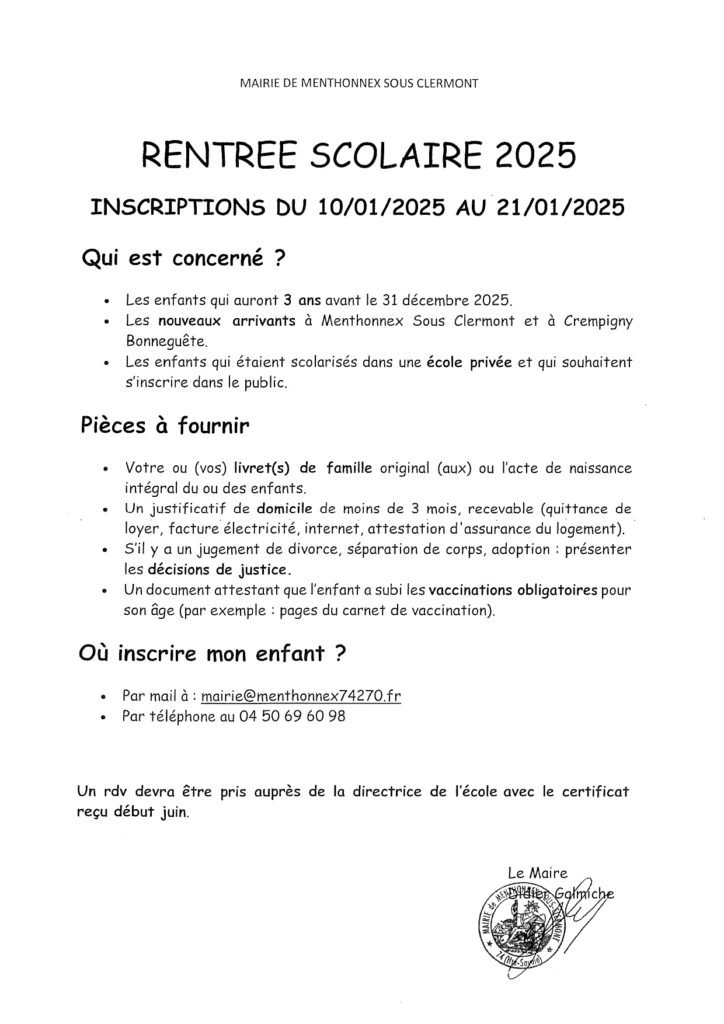 inscription école 2025/2026